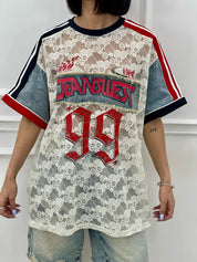 MAGLIA DENIM E PIZZO CON STAMPA NEW SS25