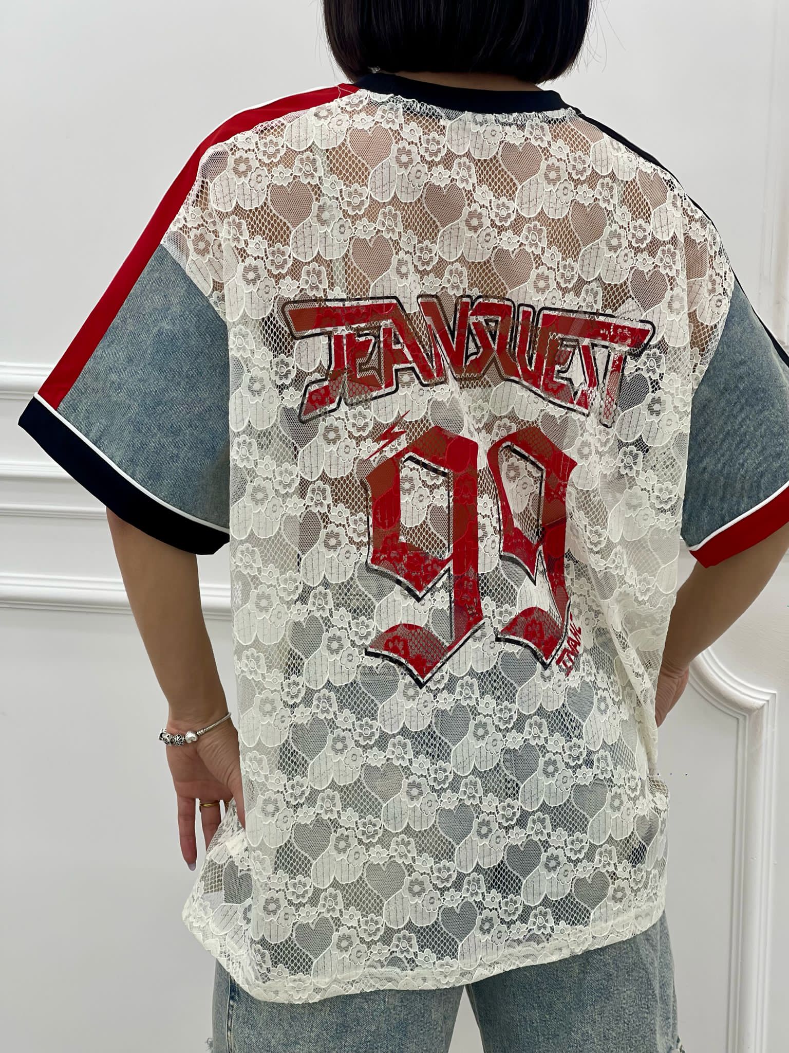 MAGLIA DENIM E PIZZO CON STAMPA NEW SS25