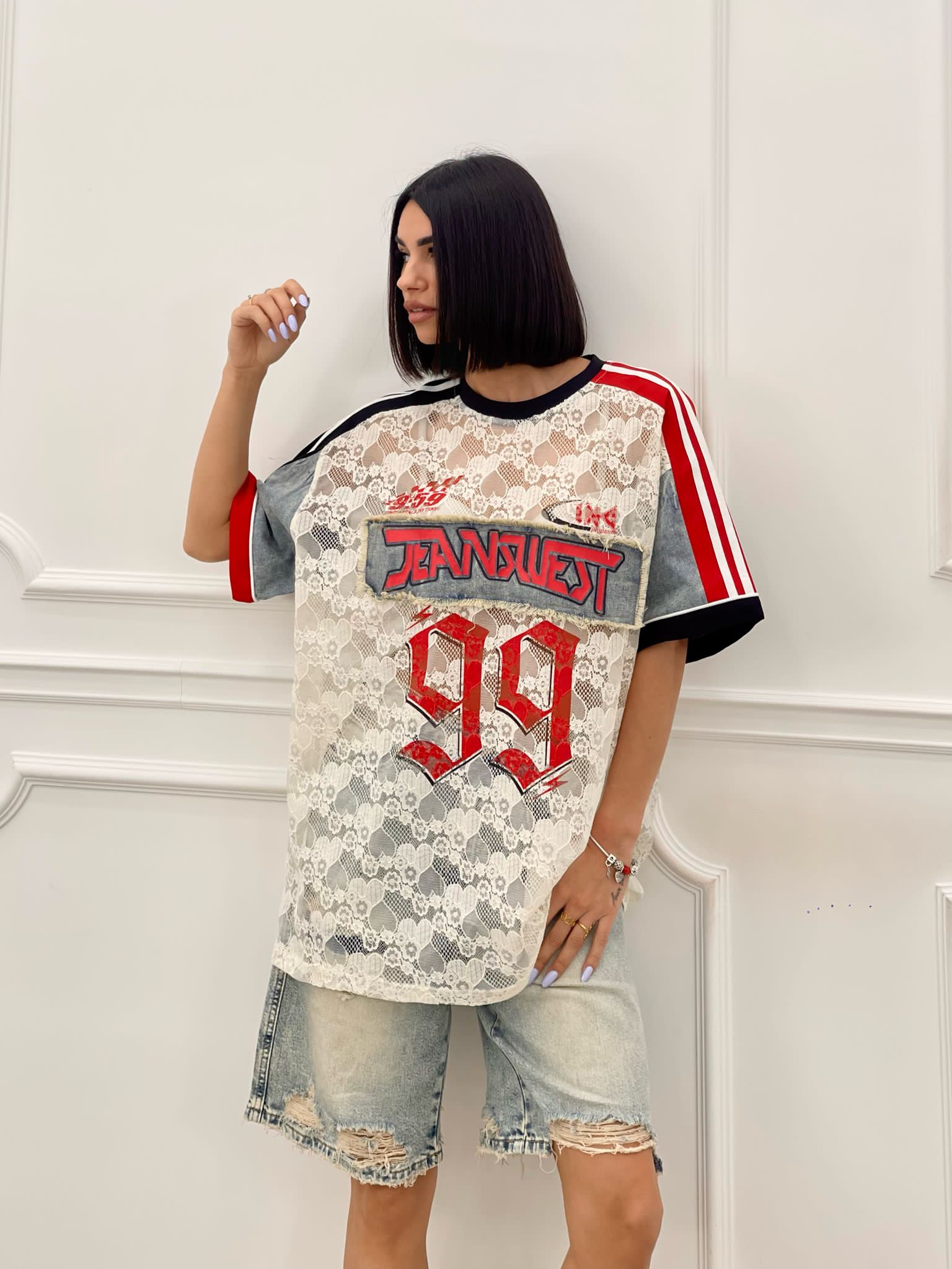 MAGLIA DENIM E PIZZO CON STAMPA NEW SS25