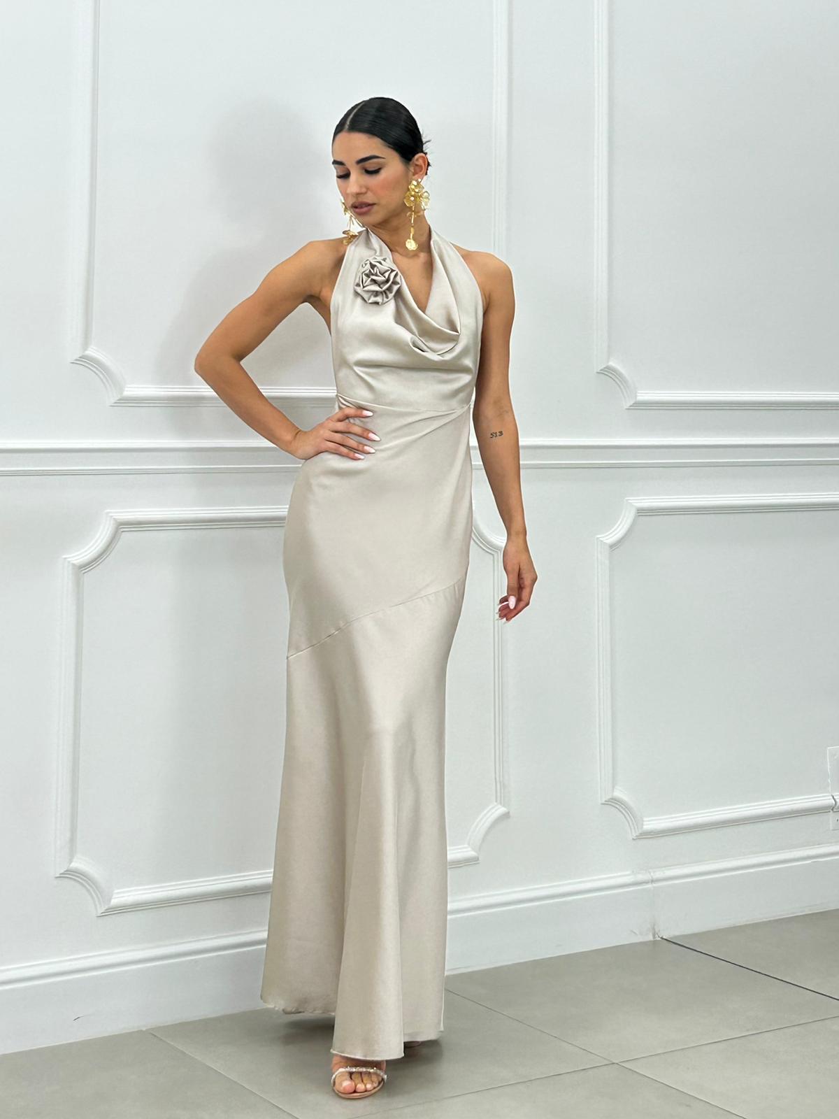 DRESS LUNGO IN RASO CON FIORE NEW SS25
