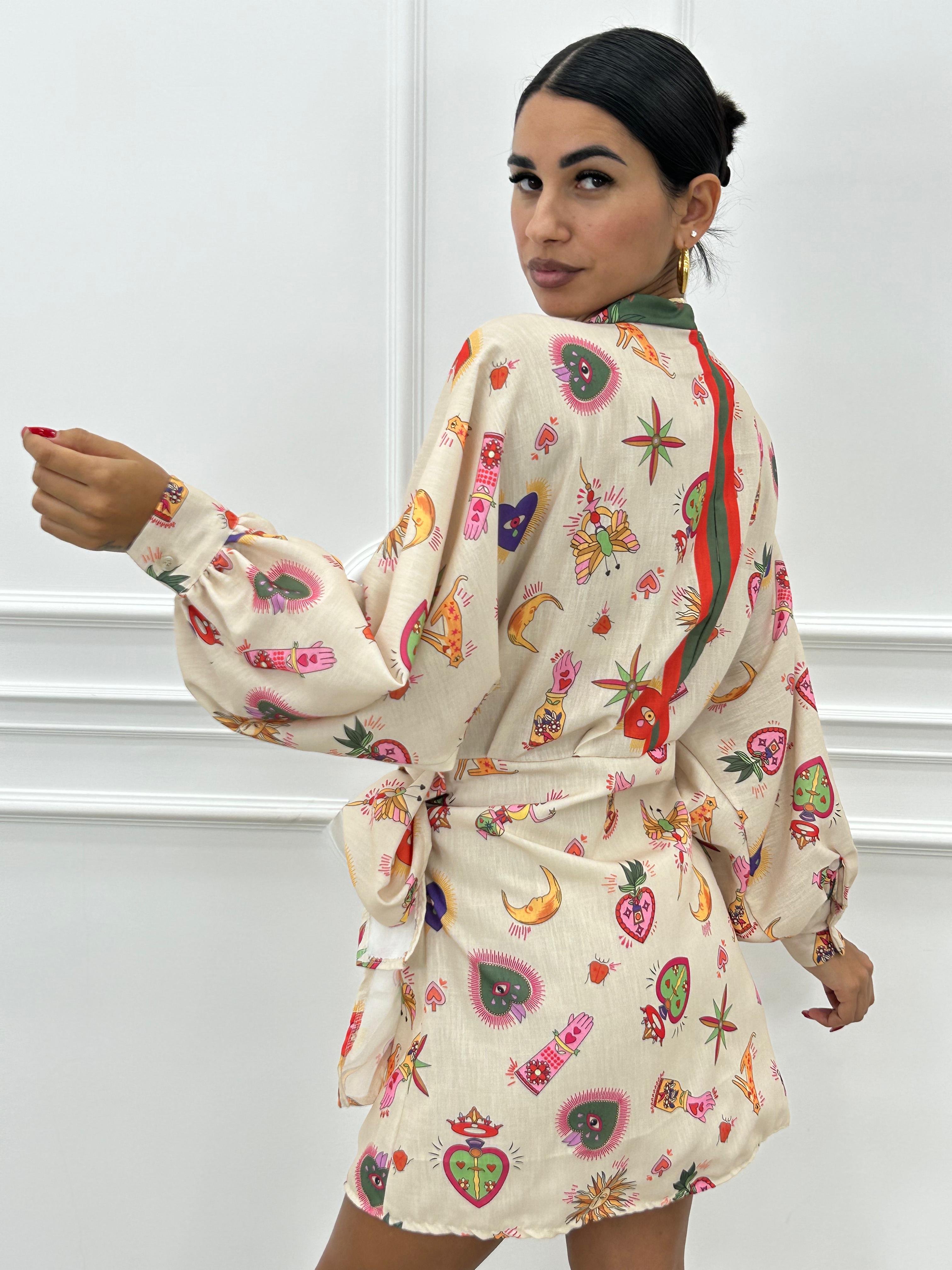 Abito kimono avvolgente in lino: manica lunga blu, collo a scialle Abito kimono avvolgente in lino: manica lunga blu, collo a scialle