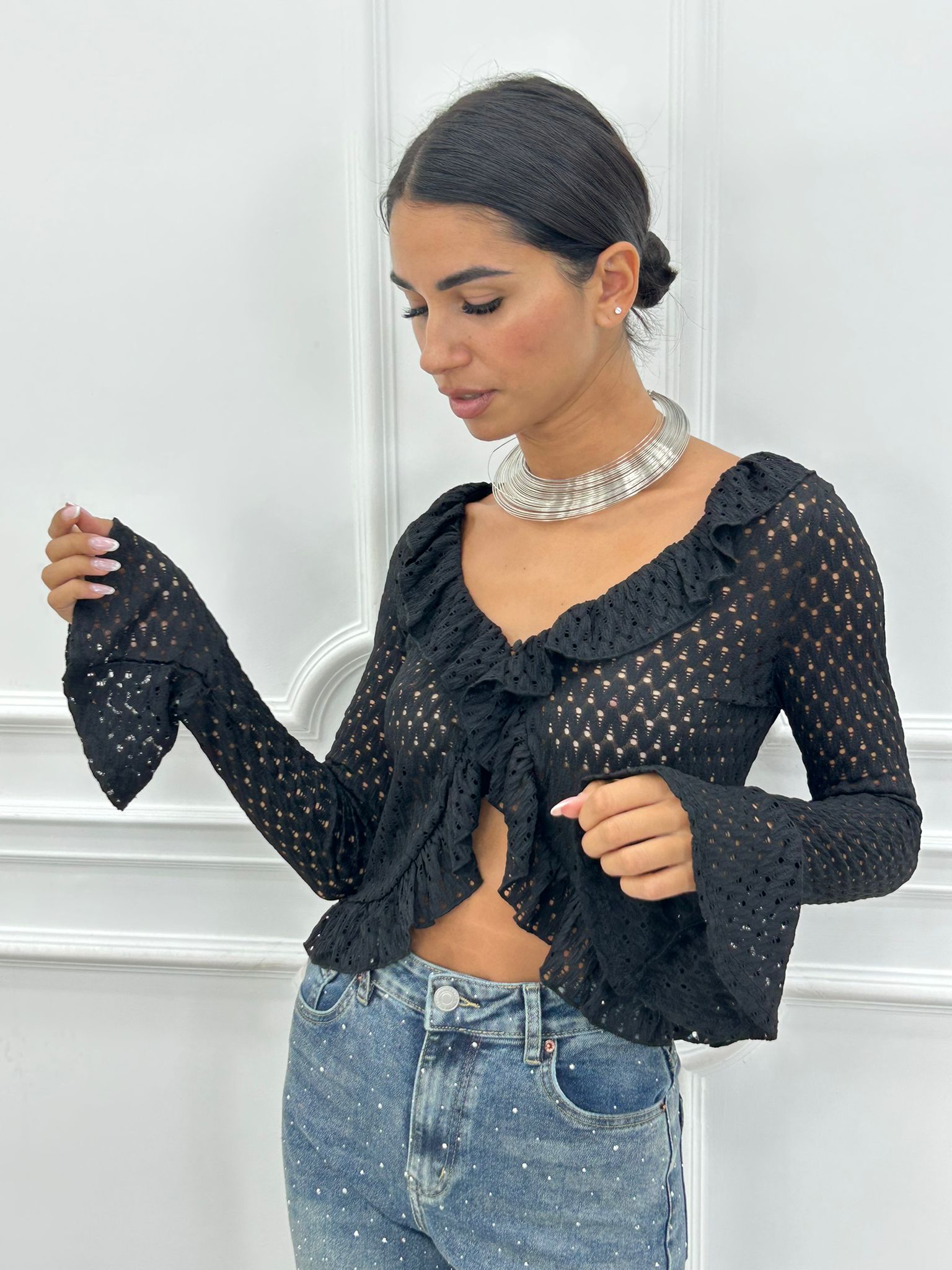 CARDIGAN IN MAGLIA POINTELLE CON VOLANT AI26