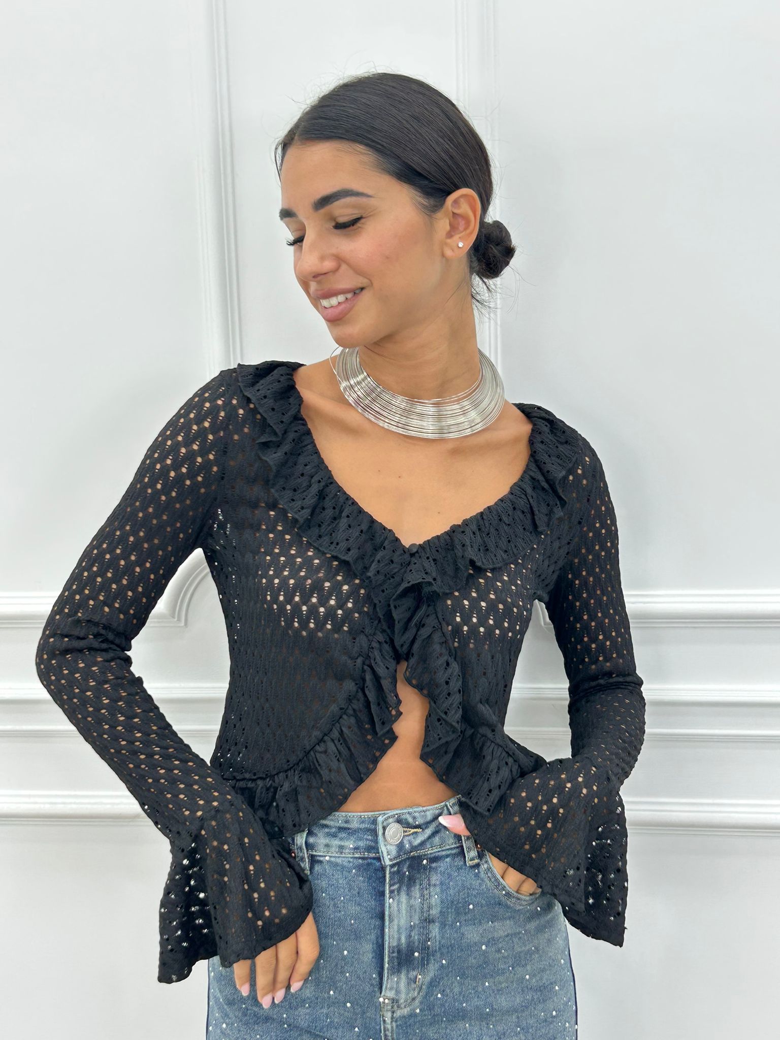 CARDIGAN IN MAGLIA POINTELLE CON VOLANT AI26