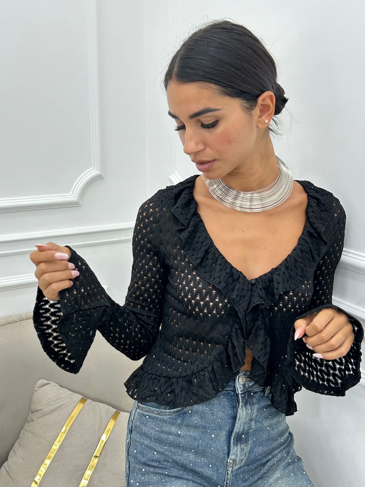 CARDIGAN IN MAGLIA POINTELLE CON VOLANT AI26