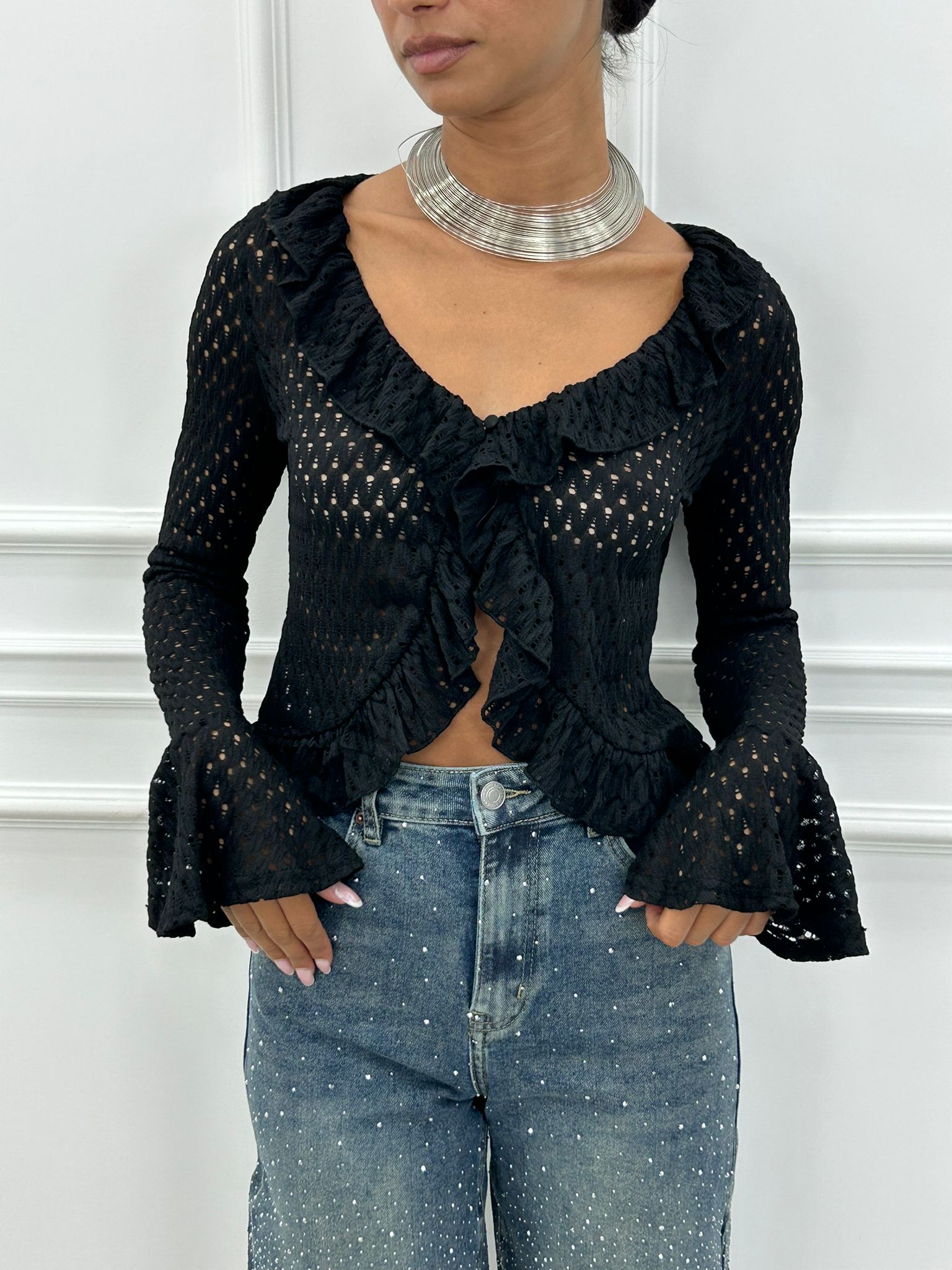 CARDIGAN IN MAGLIA POINTELLE CON VOLANT AI26