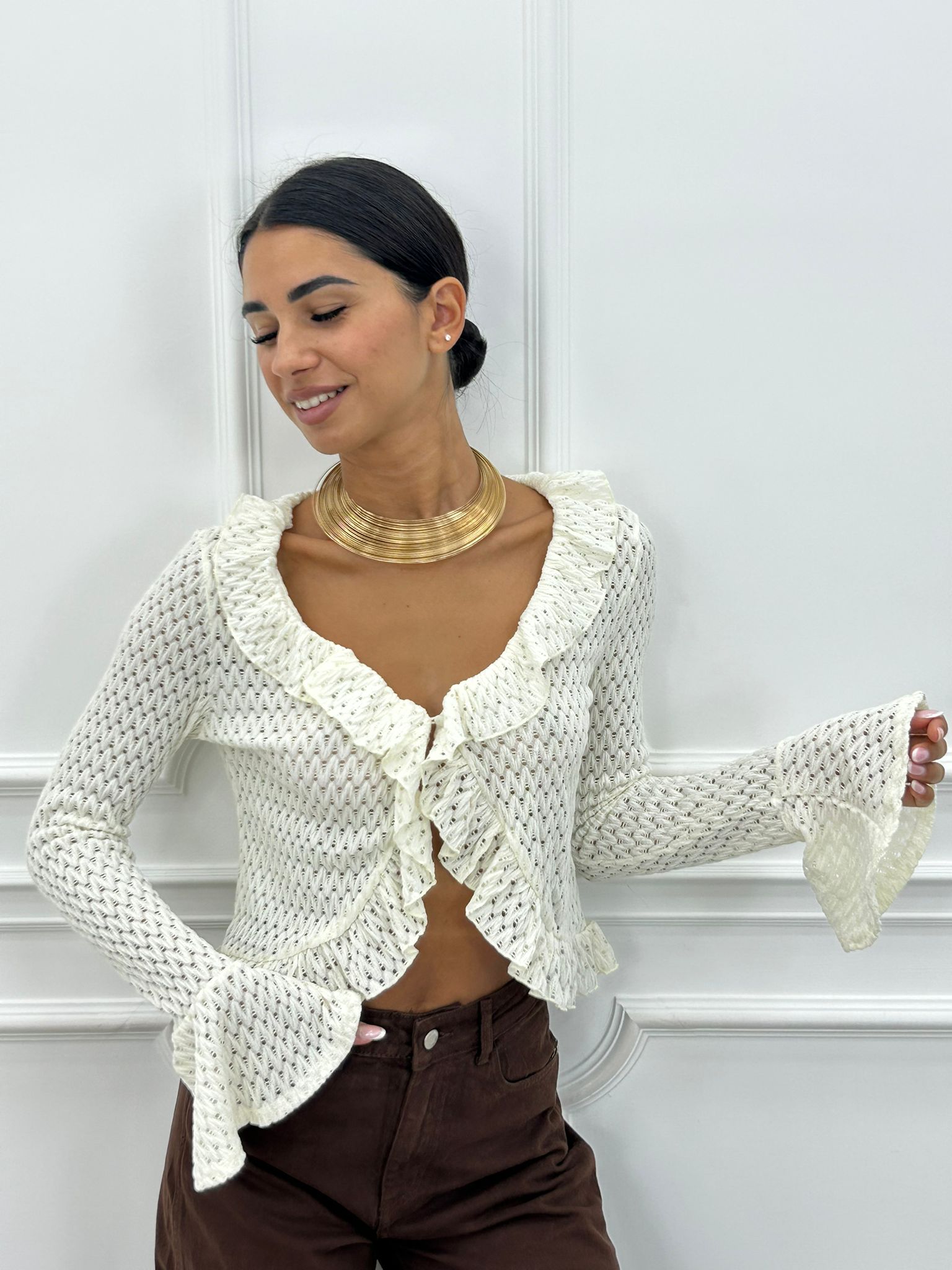 CARDIGAN IN MAGLIA POINTELLE CON VOLANT AI26