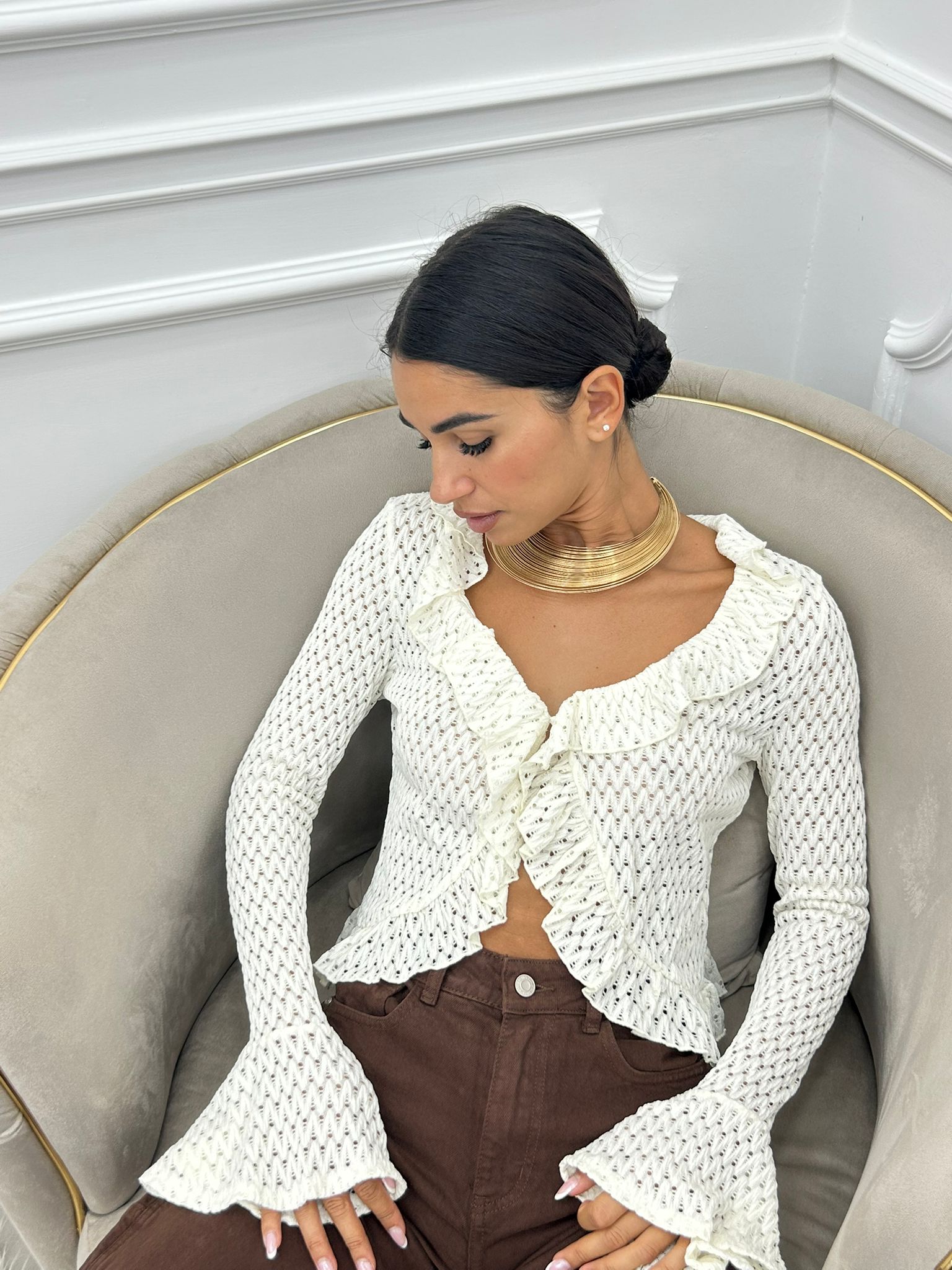 CARDIGAN IN MAGLIA POINTELLE CON VOLANT AI26