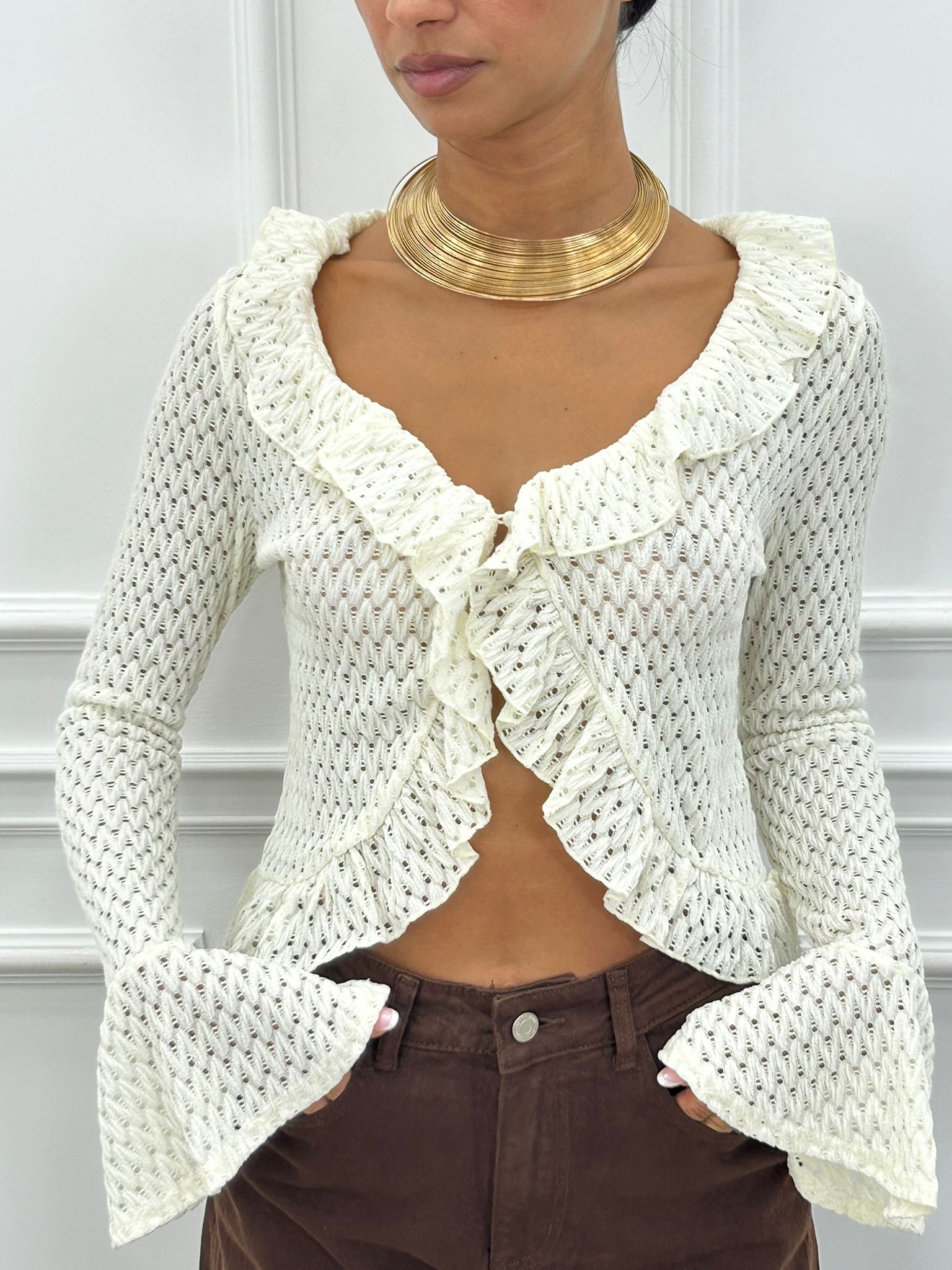 CARDIGAN IN MAGLIA POINTELLE CON VOLANT AI26