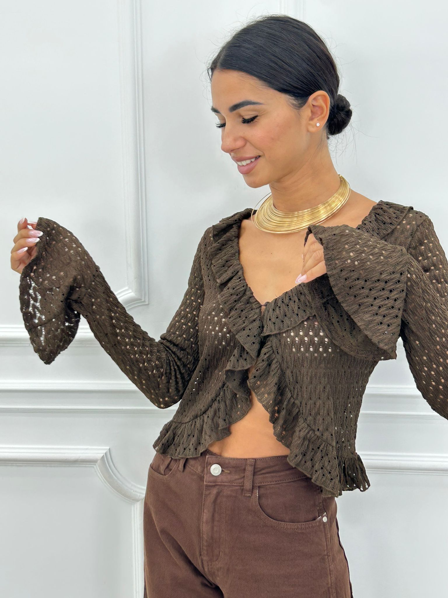 CARDIGAN IN MAGLIA POINTELLE CON VOLANT AI26