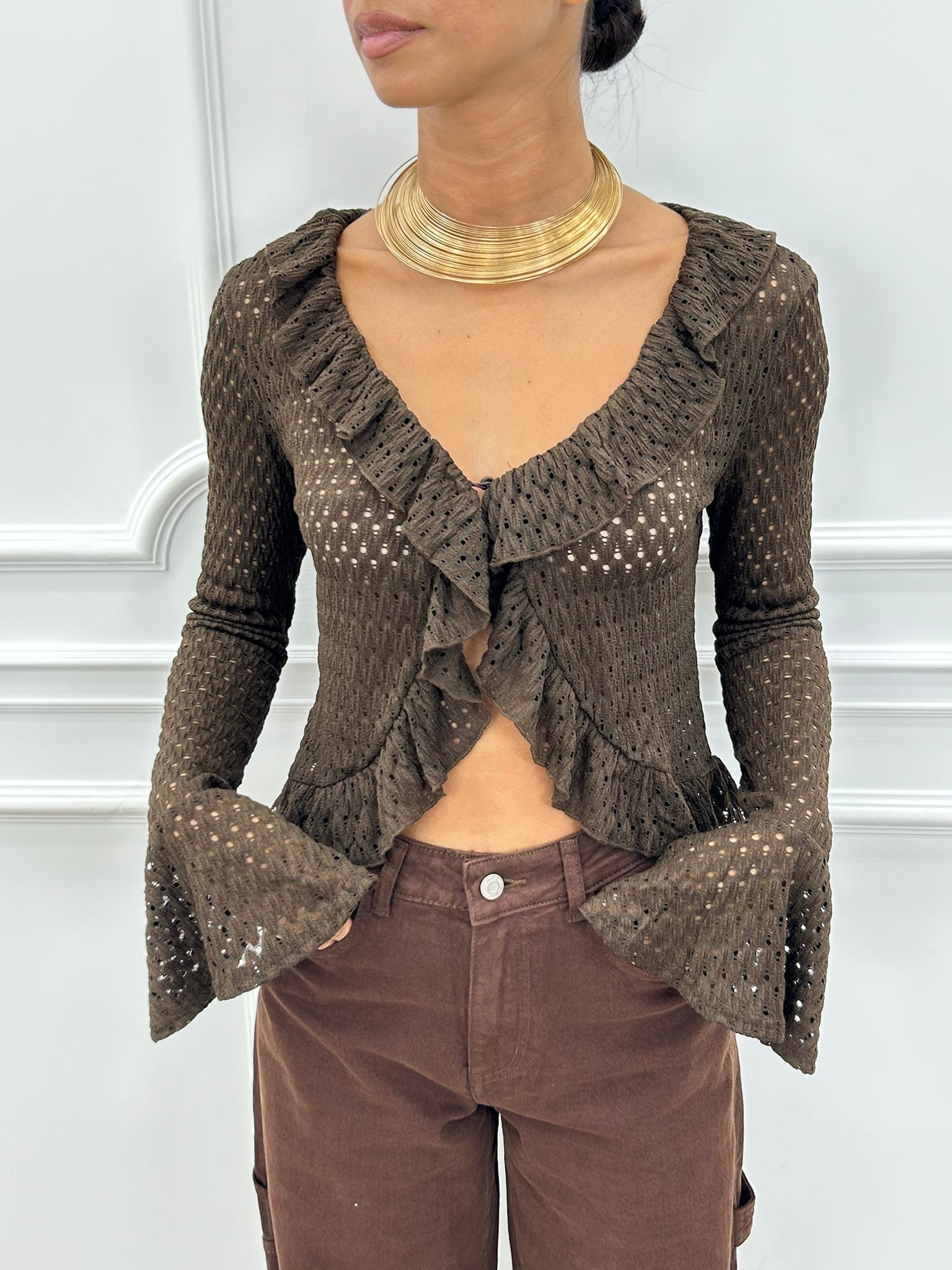 CARDIGAN IN MAGLIA POINTELLE CON VOLANT AI26