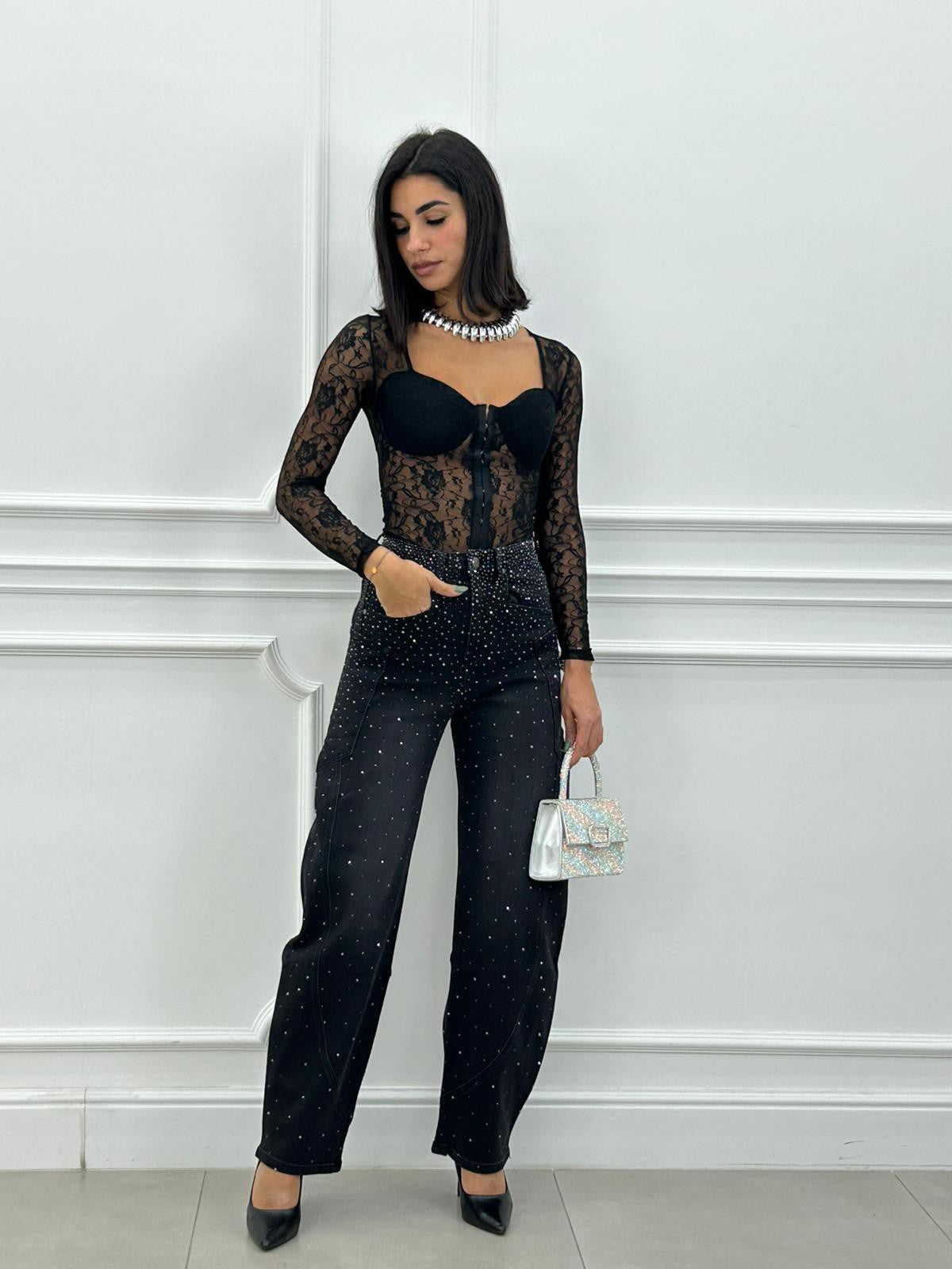 JEANS CON STRASS WIDE LEG NEW AI26