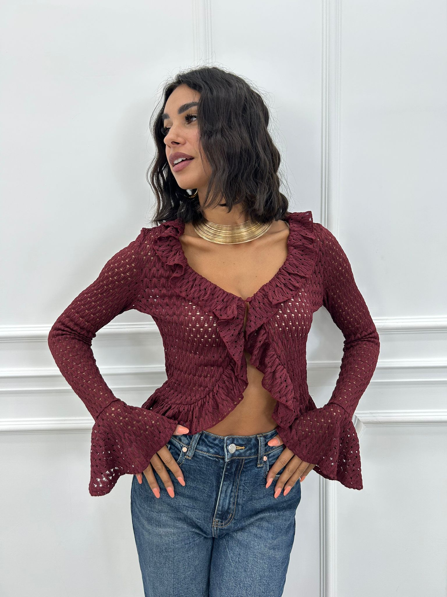 CARDIGAN IN MAGLIA POINTELLE CON VOLANT AI26